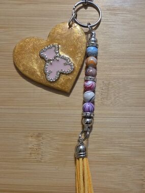 Gold Heart & Multicolor Bead Tassel Keychain